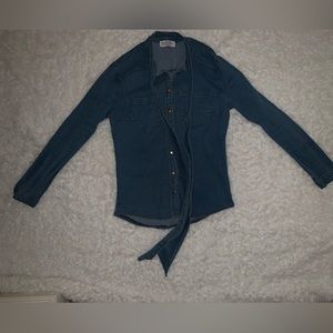Light Denim Bowknot Button Pocket Design Long Sleeve Blouse Tops Size Small 🥰